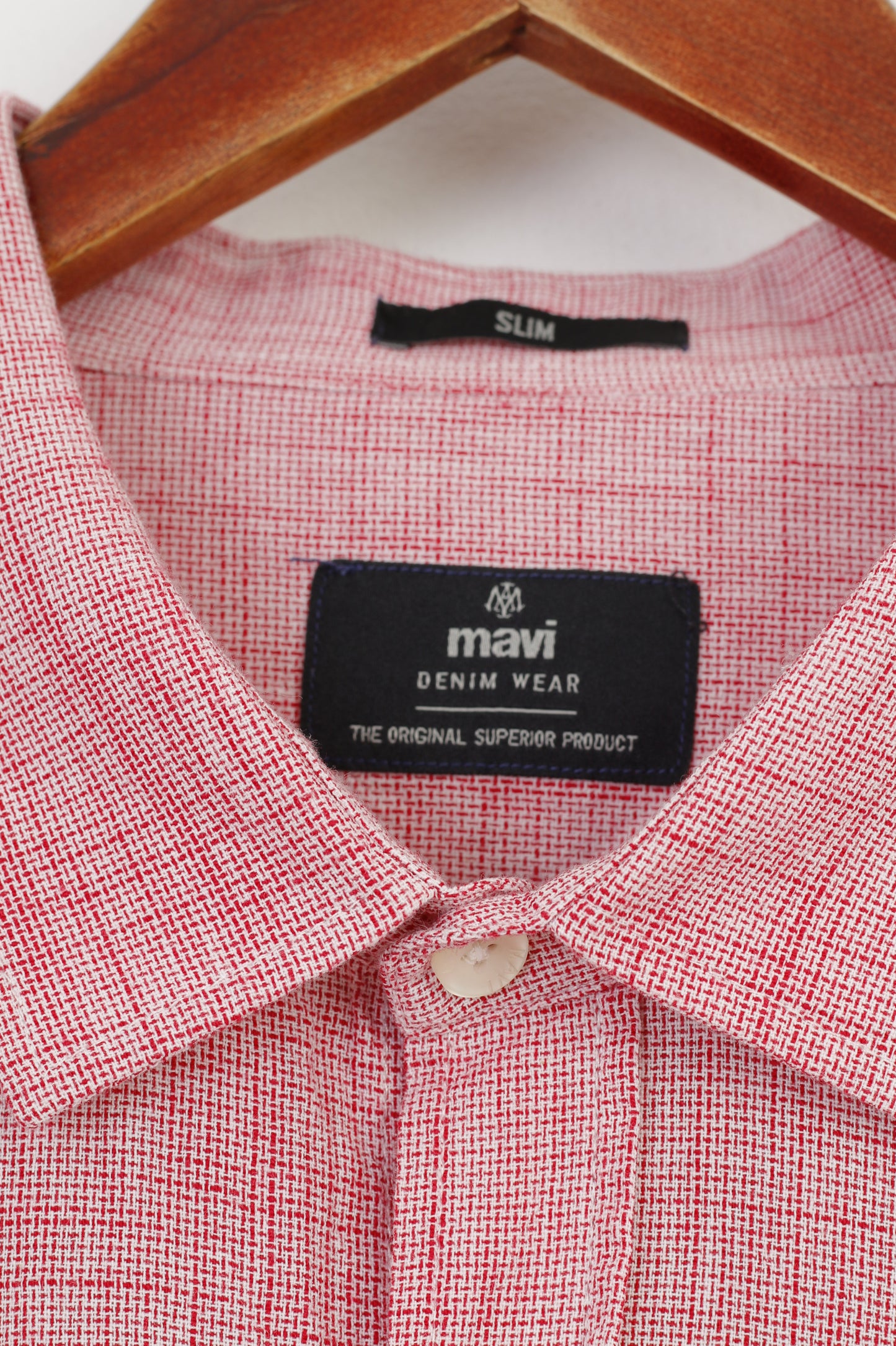 Mavi Camicia casual da uomo XL in cotone slim bianco rosso denim Wear Top a maniche lunghe