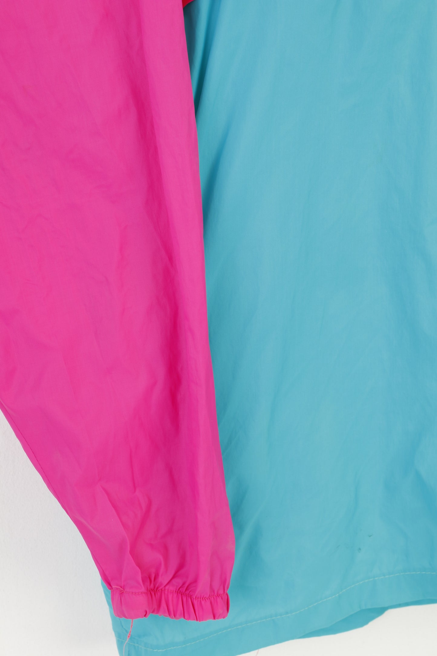 Giacca vintage da uomo M in nylon impermeabile blu rosa con cerniera intera cappuccio impermeabile