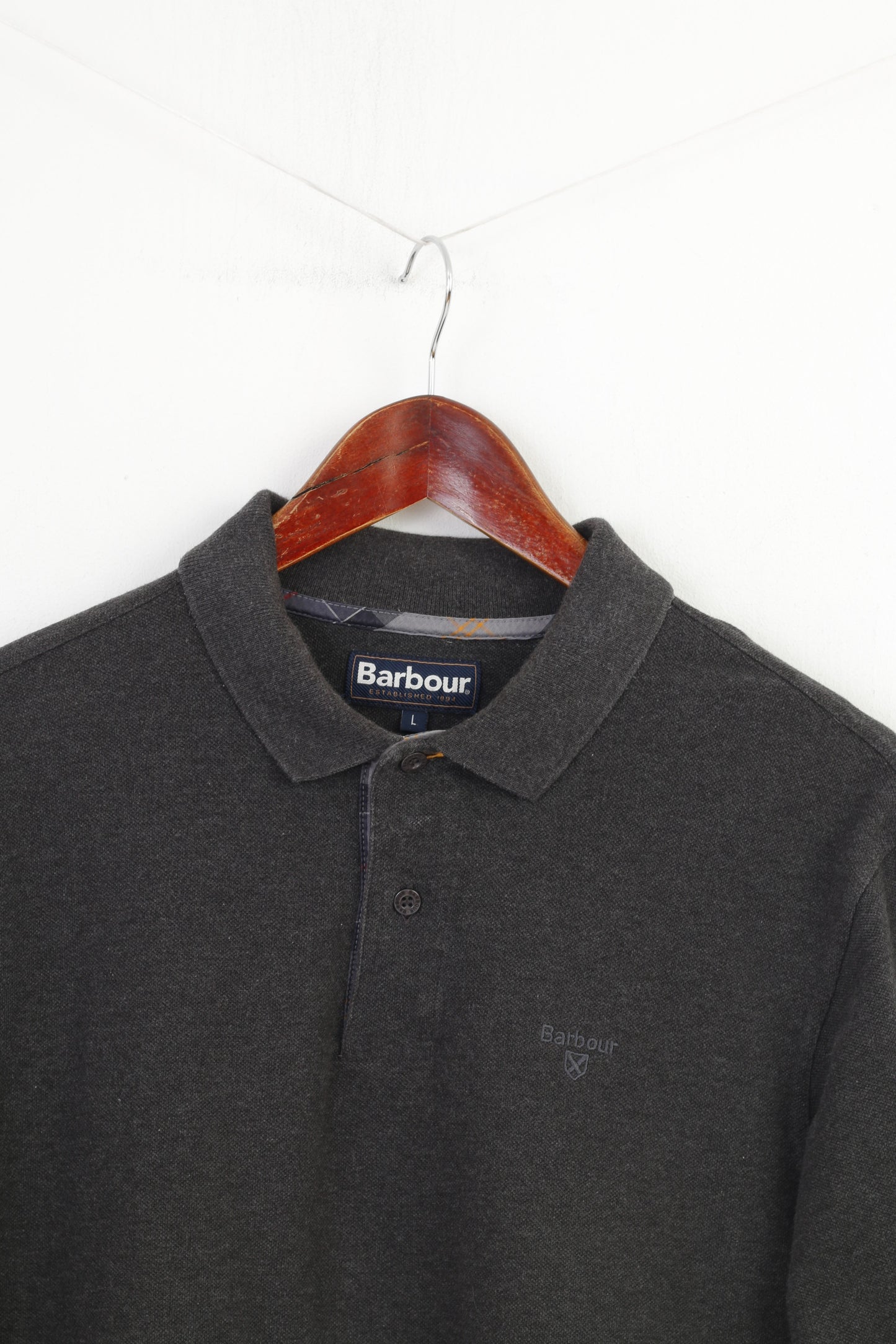 Barbour Men L Shirt Cotton Grey Long Sleeve Collar Top