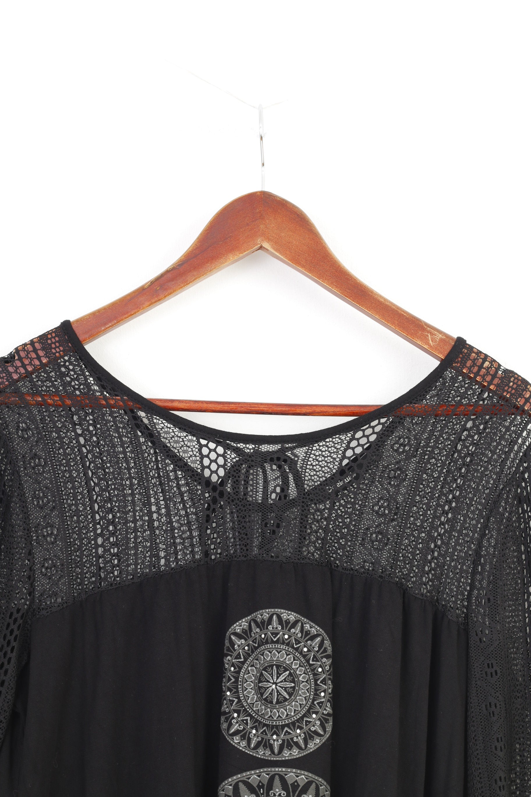 Desigual Woman L Shirt Black Long Sleeve Lace Boho Wide Sleeves Top