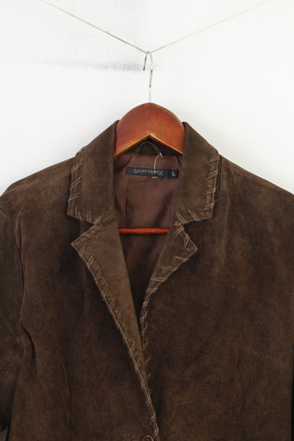 Saint Tropez Women L Blazer Leather Brown Collar Bottoms Vintage Jacket