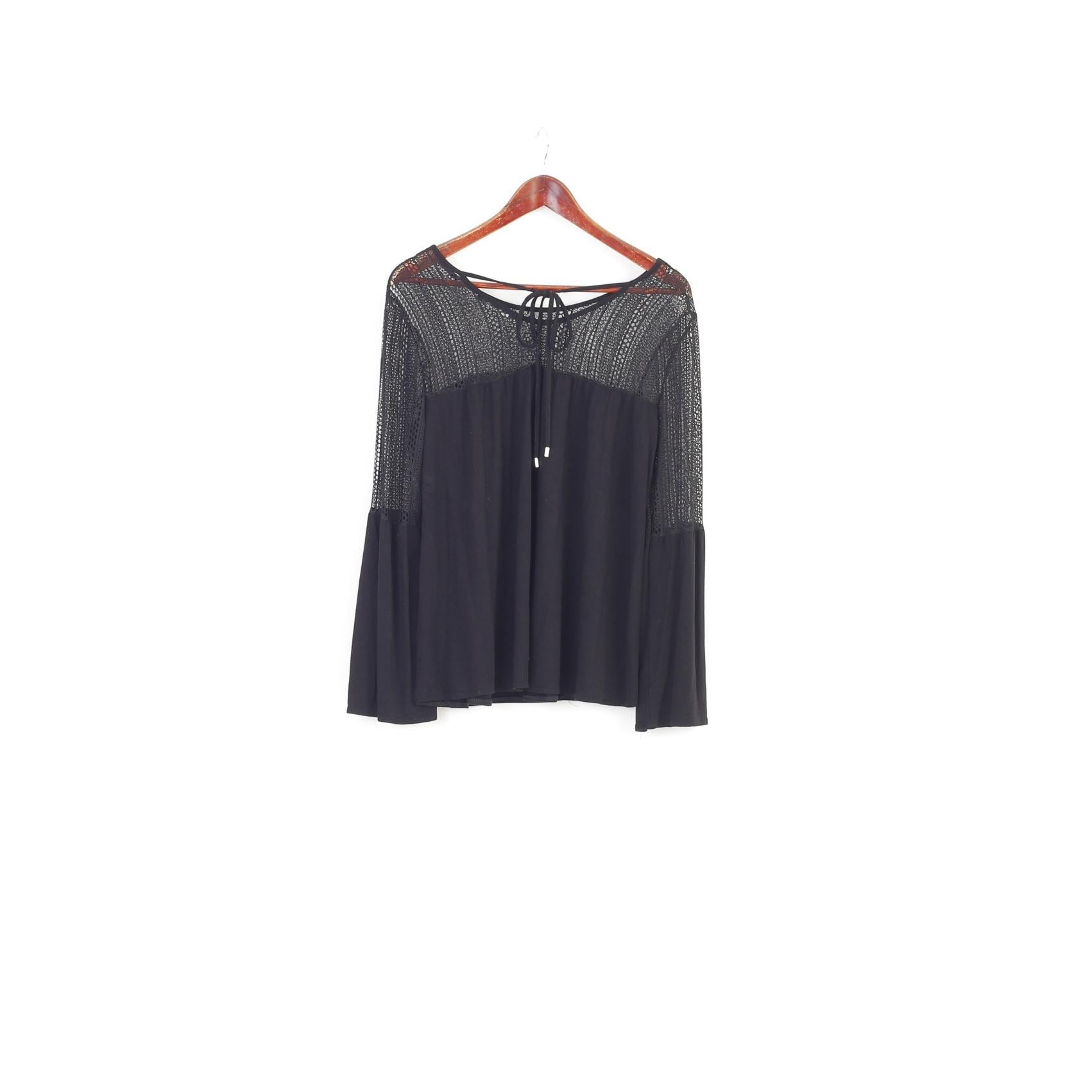 Desigual Woman L Shirt Black Long Sleeve Lace Boho Wide Sleeves Top