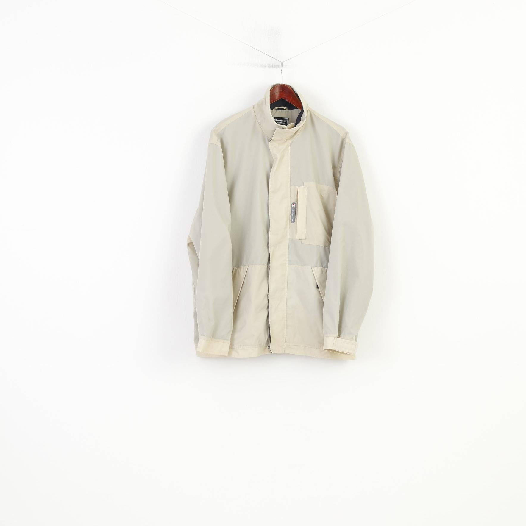 Champion Men L Jacket Beige Full Zipper  Nylon Vintage Pockets Outwear  Top