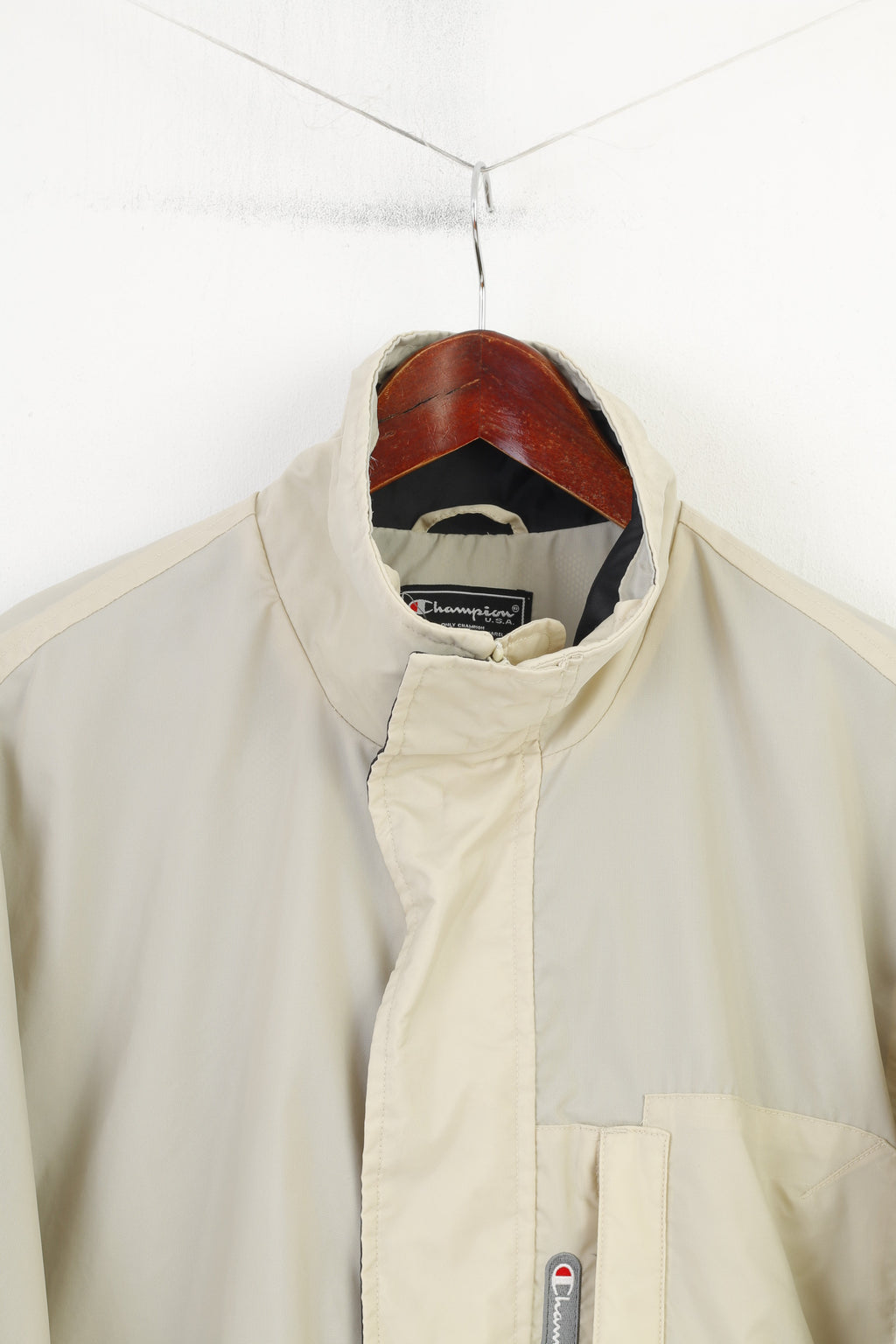 Champion Men L Jacket Beige Full Zipper  Nylon Vintage Pockets Outwear  Top