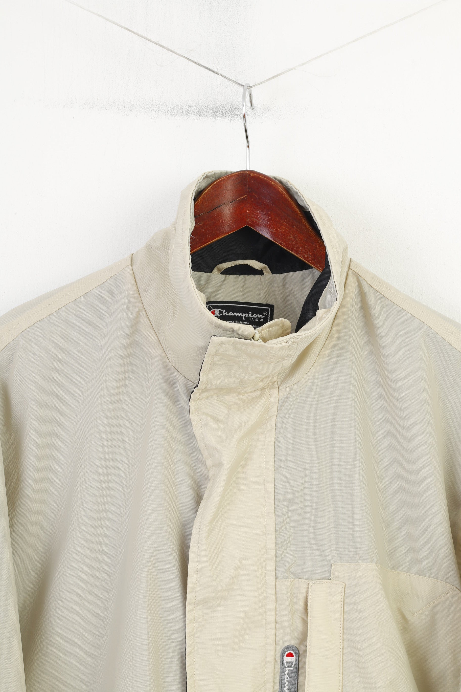 Champion Men L Jacket Beige Full Zipper  Nylon Vintage Pockets Outwear  Top