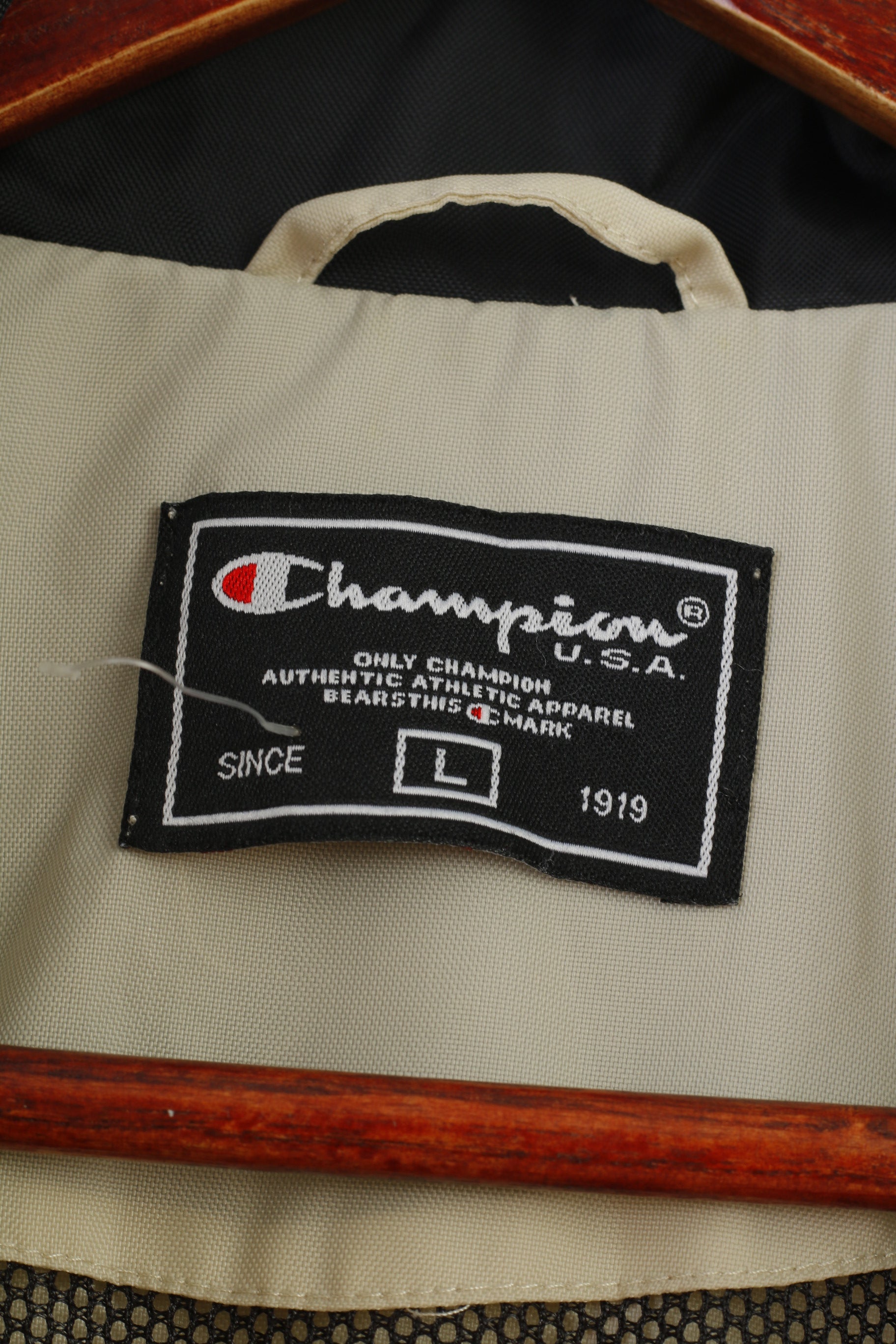 Champion Men L Jacket Beige Full Zipper  Nylon Vintage Pockets Outwear  Top