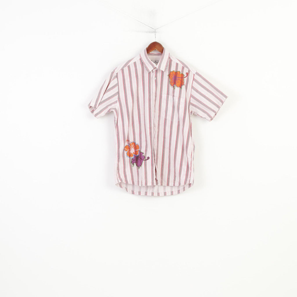 Tom Tailor Men M Casual Shirt Pink Striped Short Sleeve Flowers  Cotton Top