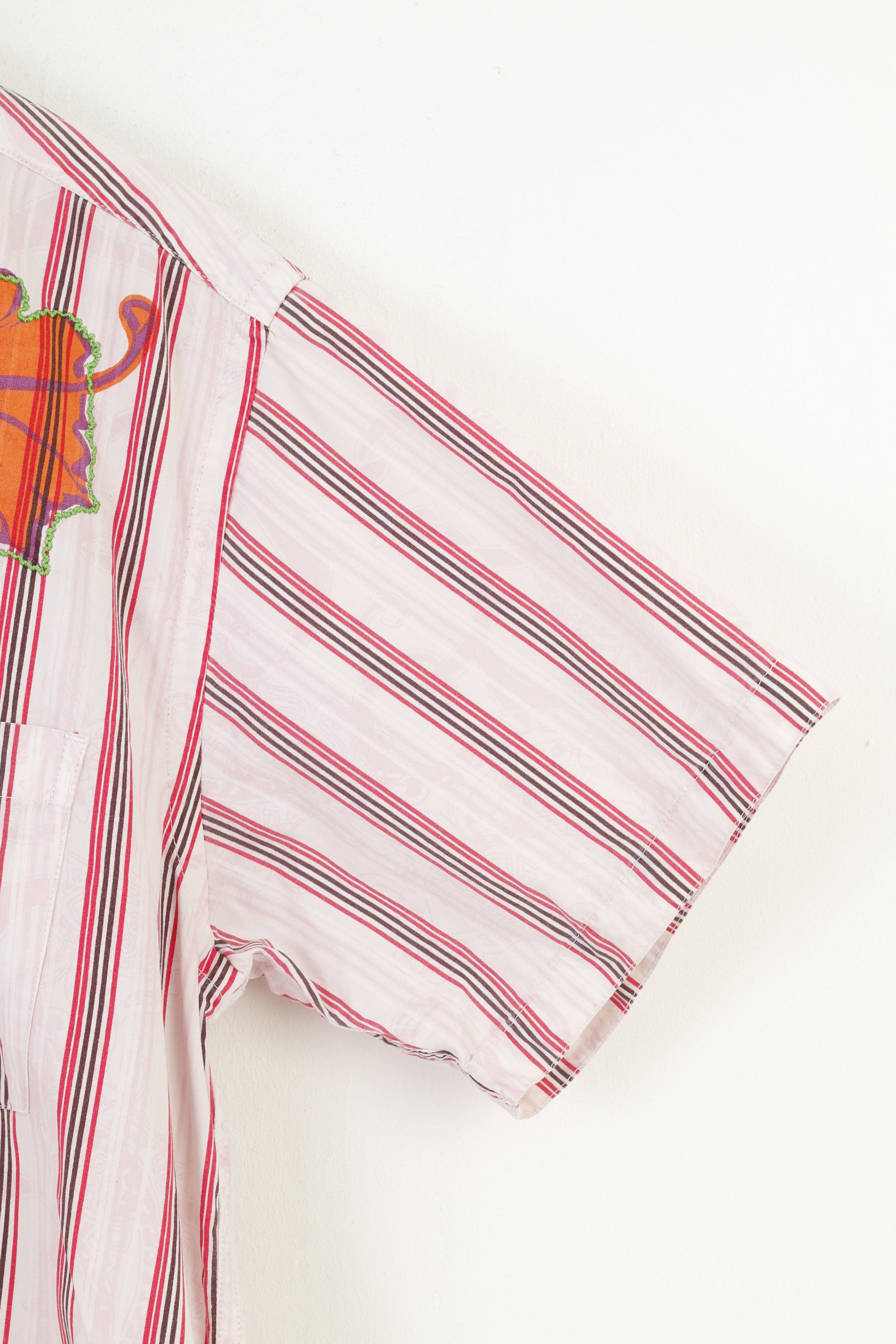 Tom Tailor Men M Casual Shirt Pink Striped Vintage Short Sleeve Floral Print Cotton Top