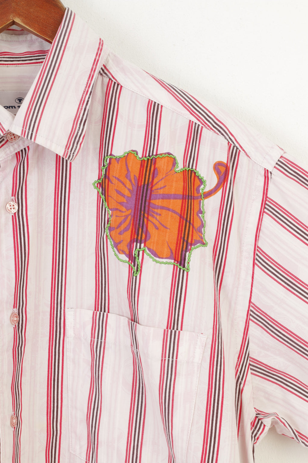 Tom Tailor Men M Casual Shirt Pink Striped Vintage Short Sleeve Floral Print Cotton Top
