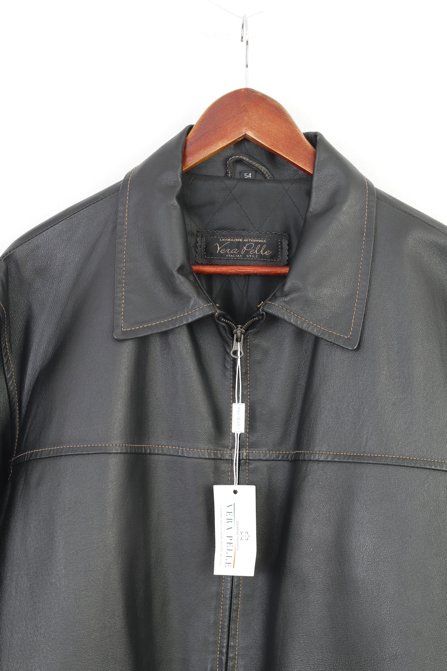 New Vintage Men 54 L Leather Jacket Black Full Zipper Collar Italian Style Top