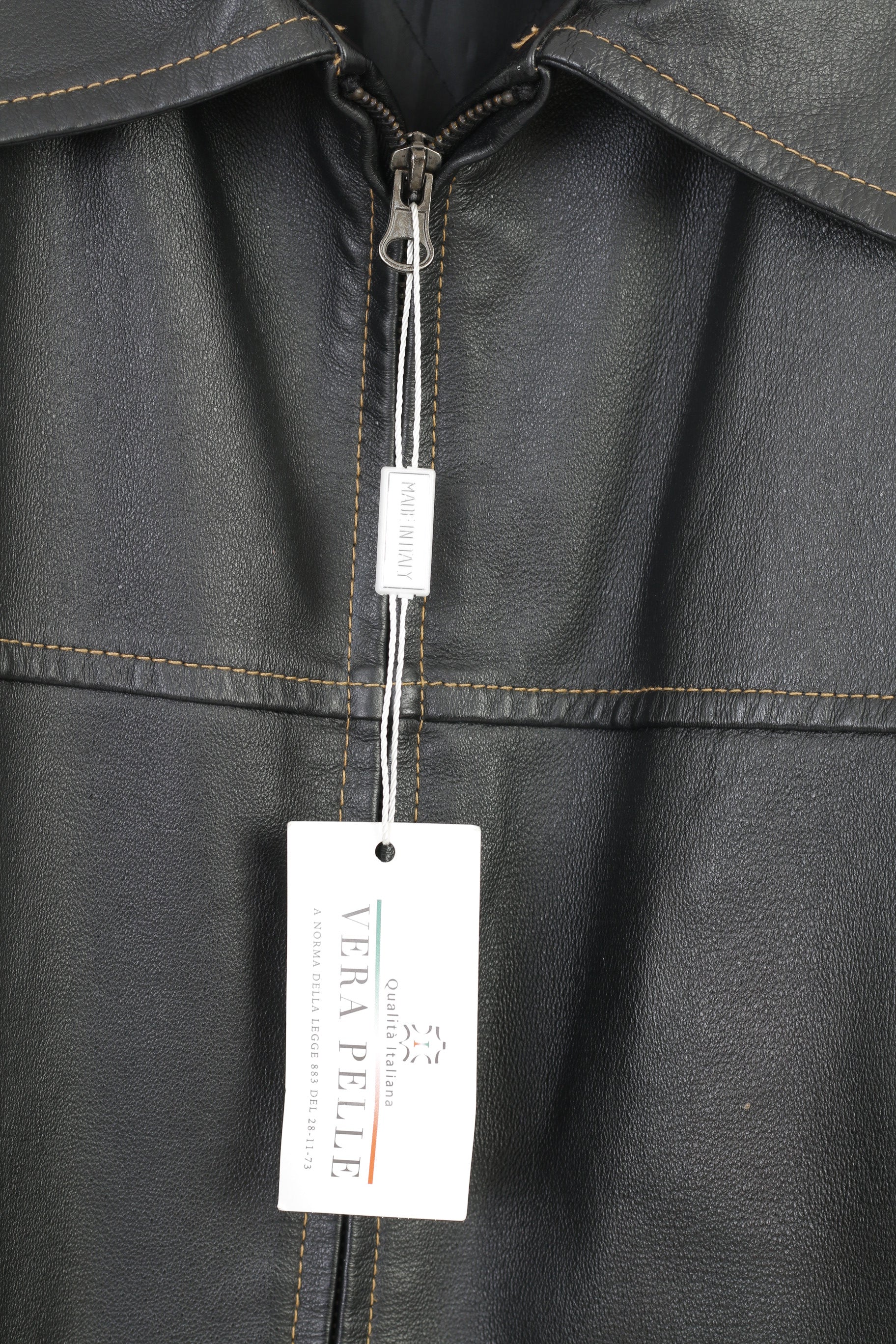 New Vintage Men 54 L Leather Jacket Black Full Zipper Collar Italian Style Top