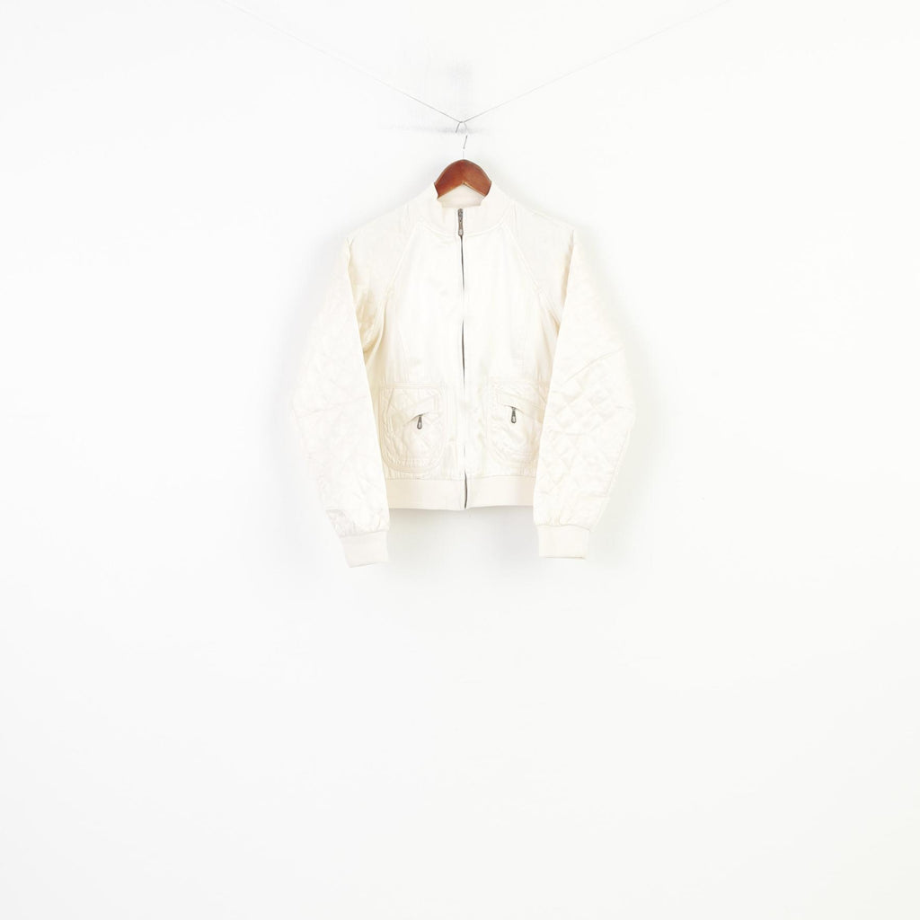 Bill Blass Jeans Women M Jacket Retro Cream Shiny Quilted Cotton Blend Pockets Zip Up Vintage Top
