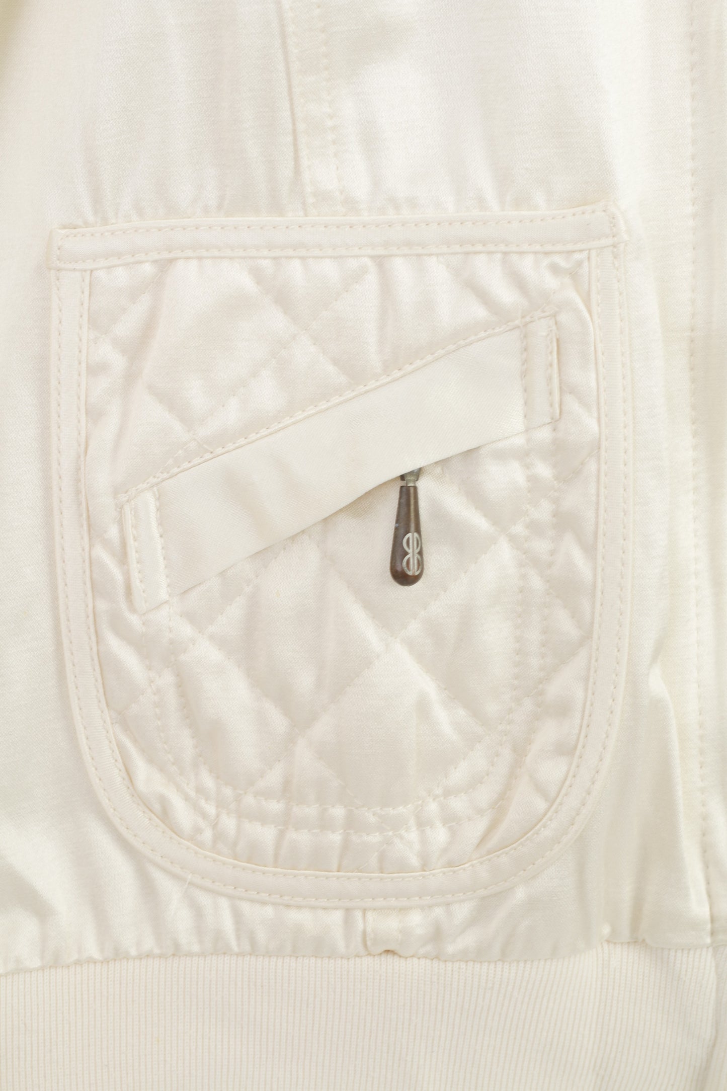Bill Blass Jeans Women M Jacket Retro Cream Shiny Quilted Cotton Blend Pockets Zip Up Vintage Top