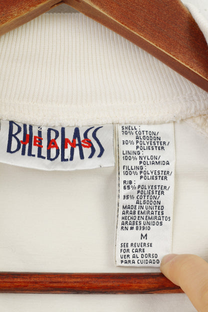 Bill Blass Jeans Donna M Giacca retrò color crema lucido trapuntato in misto cotone tasche con cerniera Top vintage