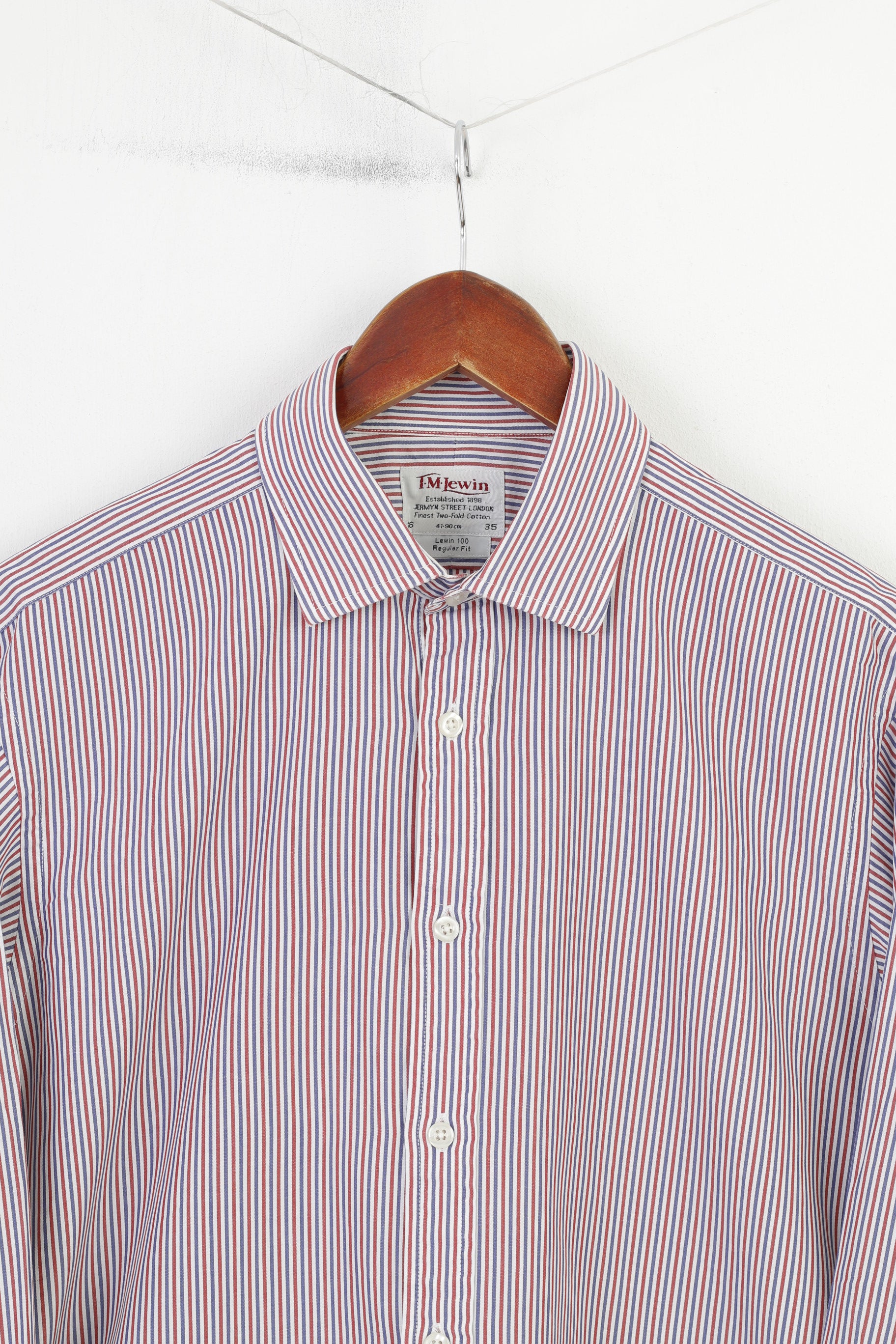 TM Lewin Men 16 35 L Casual Shirt Blue Red Striped Long Sleeve  Cotton Lewin 100  Fit Classic Top