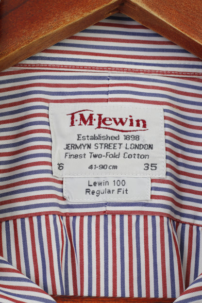 TM Lewin Men 16 35 L Casual Shirt Blue Red Striped Long Sleeve  Cotton Lewin 100  Fit Classic Top