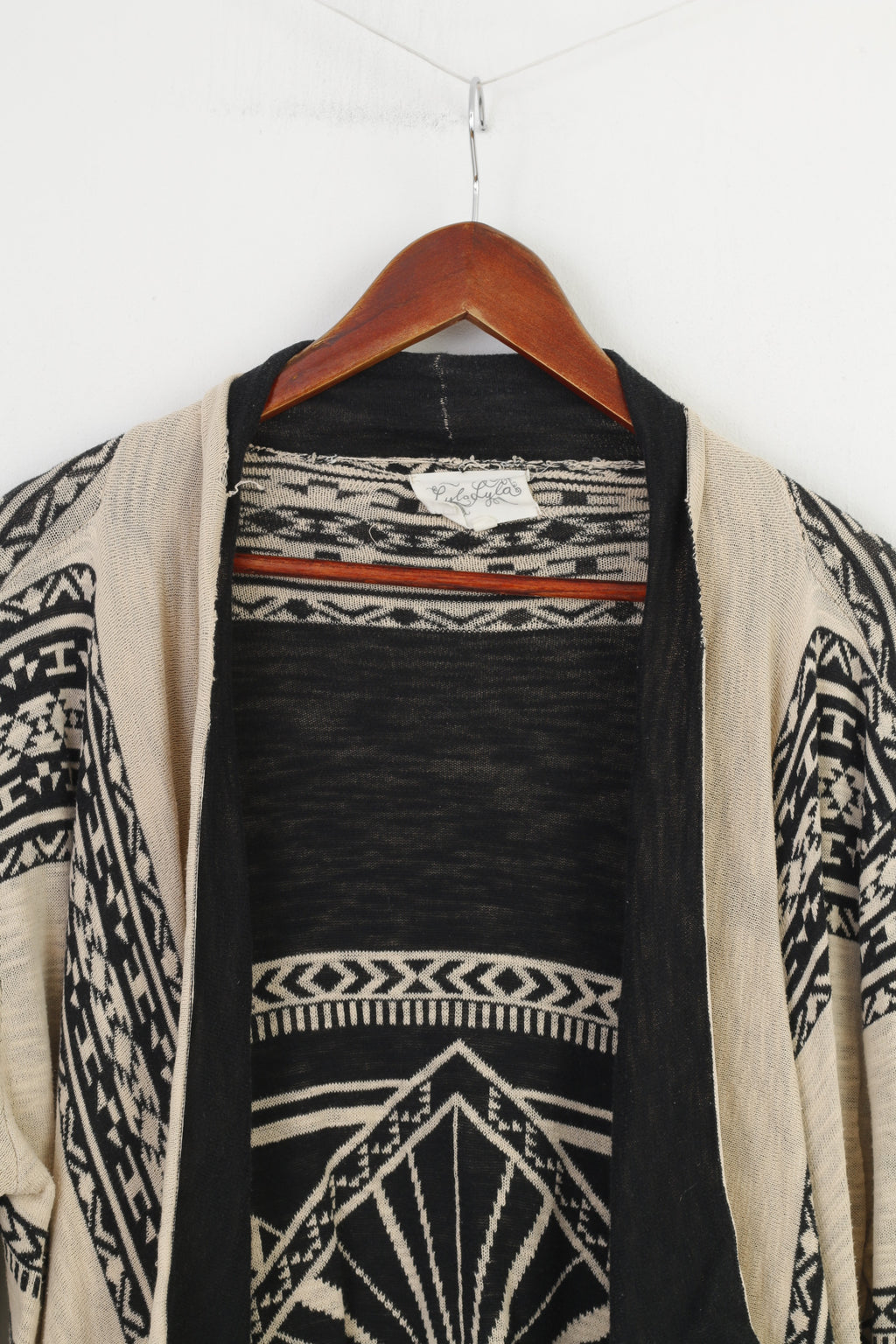 Lyla Lyla Woman L Cardigan Cream Navy Blue Breasted Jacket Geometric Oversize  Open Front Top