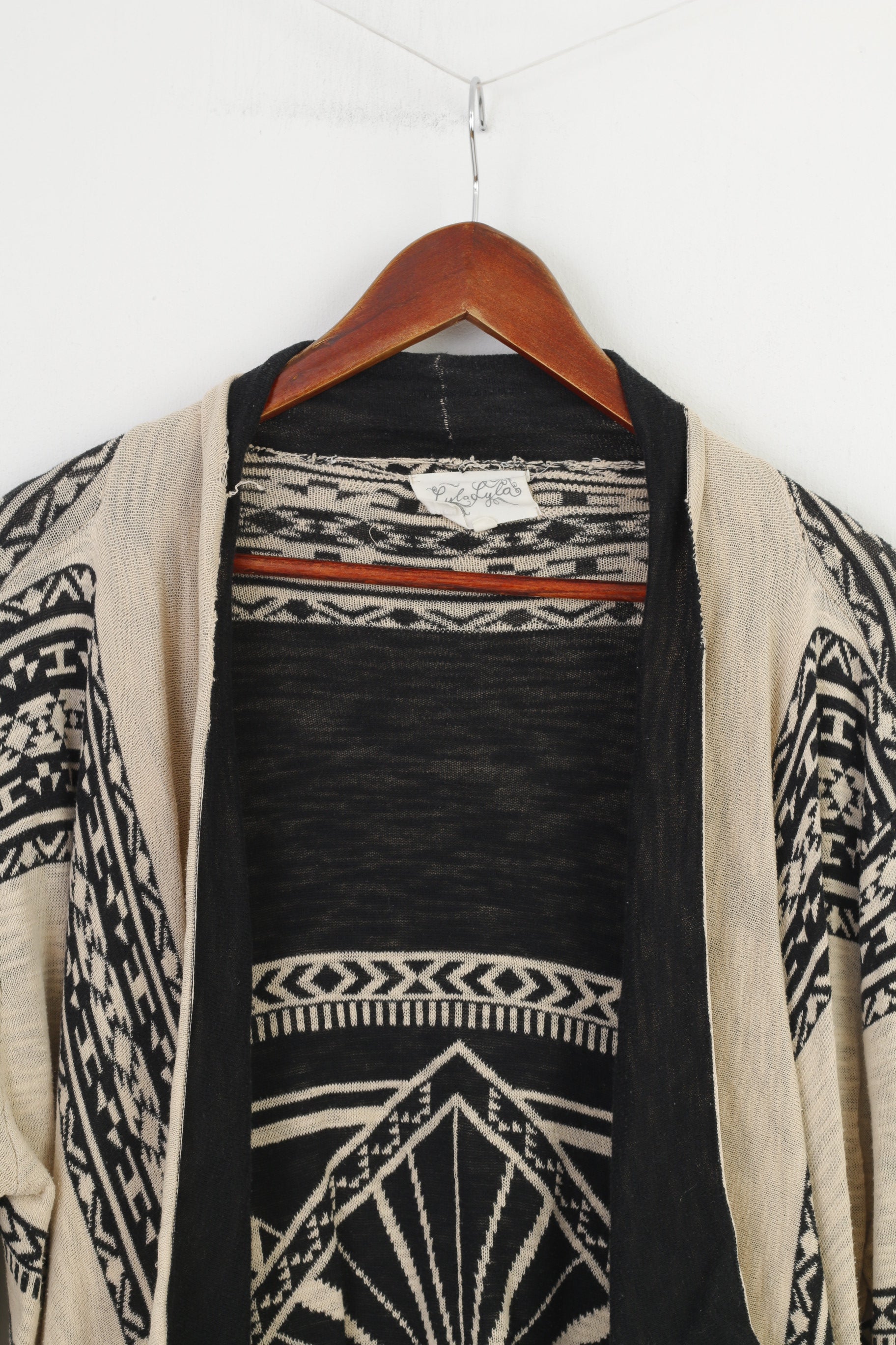 Lyla Lyla Woman L Cardigan Cream Navy Blue Breasted Jacket Geometric Oversize  Open Front Top