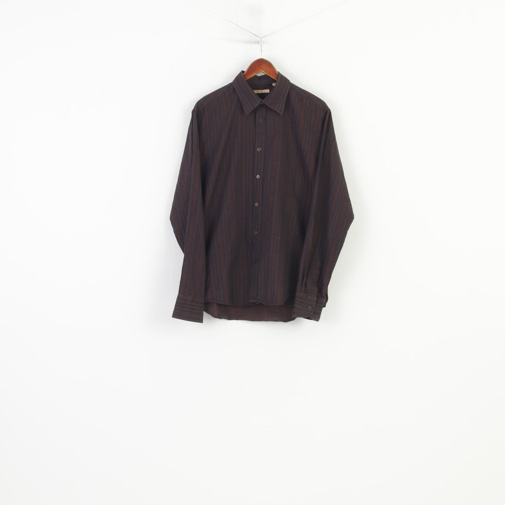 Ted Baker Men 5 L Casual Shirt Brown Cotton Striped Long Sleeve CLassic Top