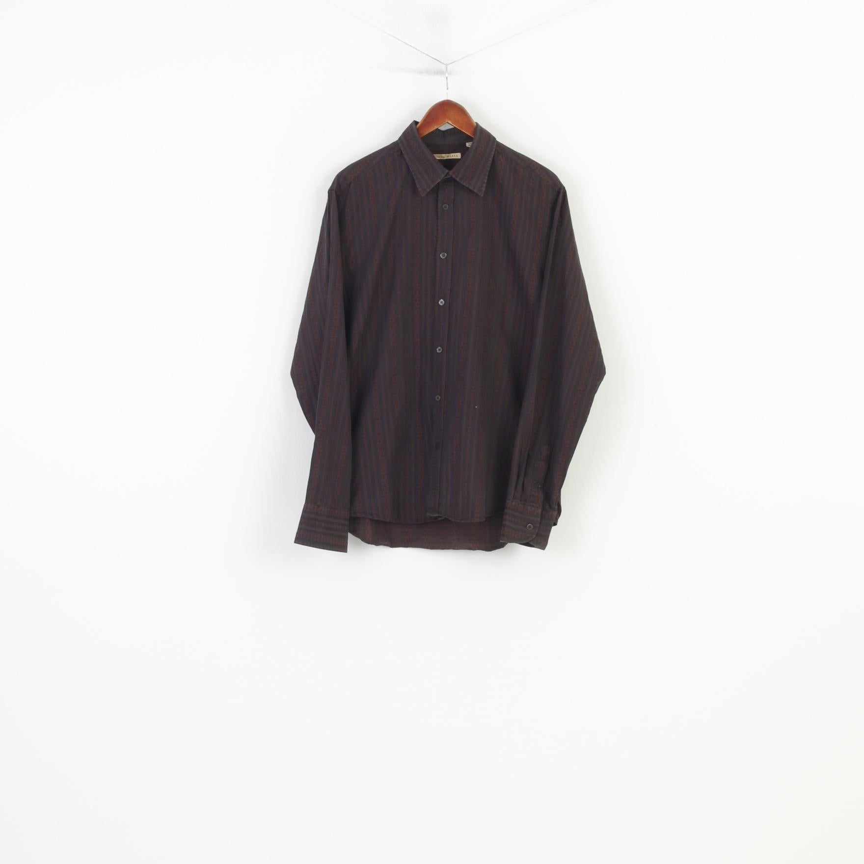 Ted Baker Men 5 L Casual Shirt Brown Cotton Striped Long Sleeve CLassic Top