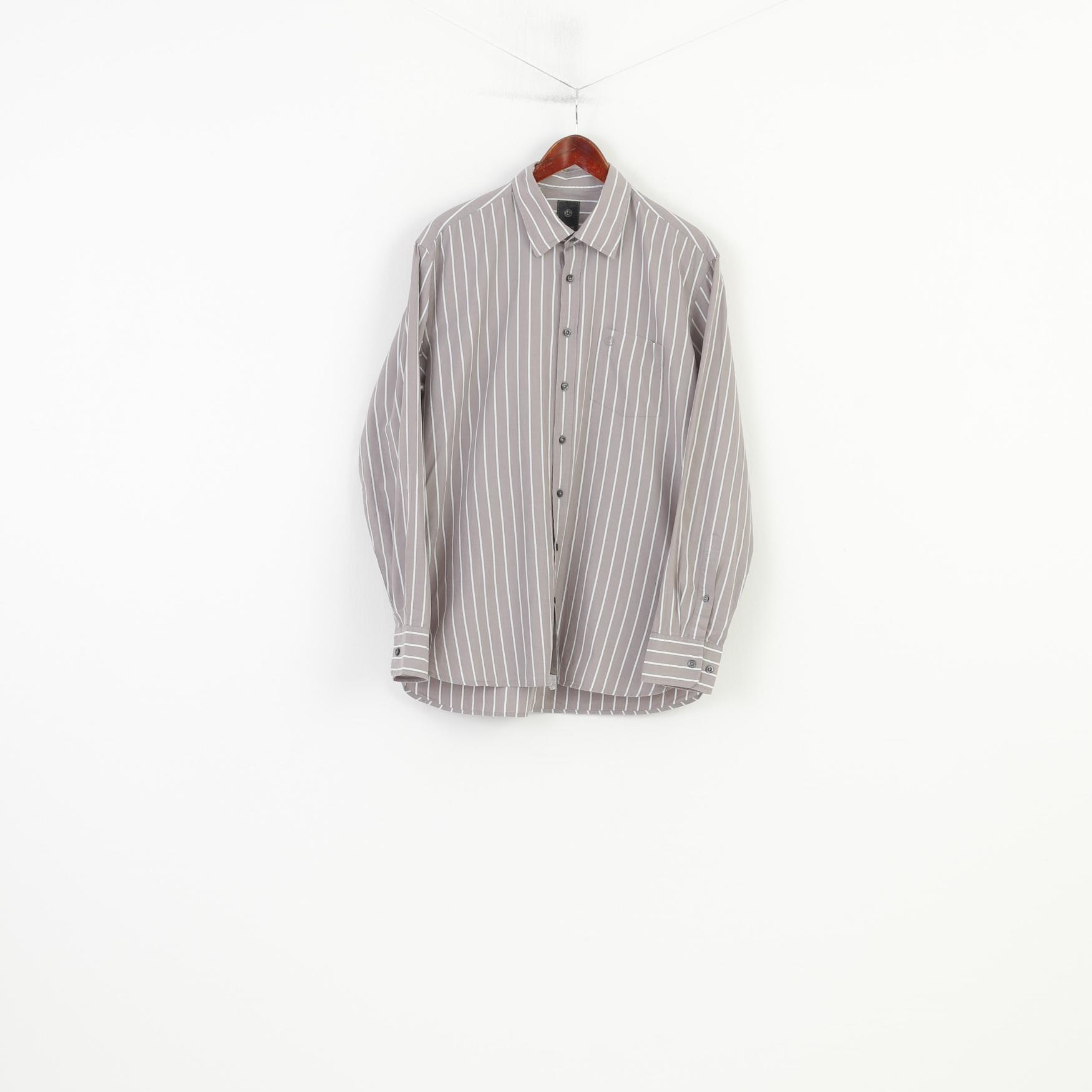 Bugatti Men L 16.5 Casual Shirt Grey Cotton Striped Detailed Buttons Long Sleeve Top