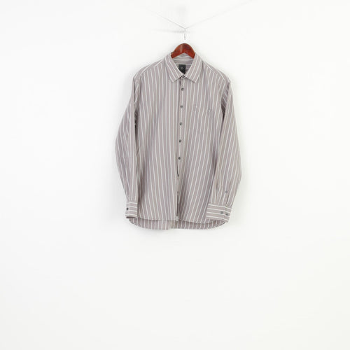 Bugatti Men L 16.5 Casual Shirt Grey Cotton Striped Detailed Buttons Long Sleeve Top