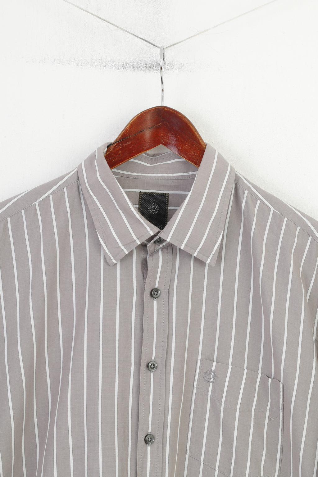 Bugatti Men L 16.5 Casual Shirt Grey Cotton Striped Detailed Buttons Long Sleeve Top