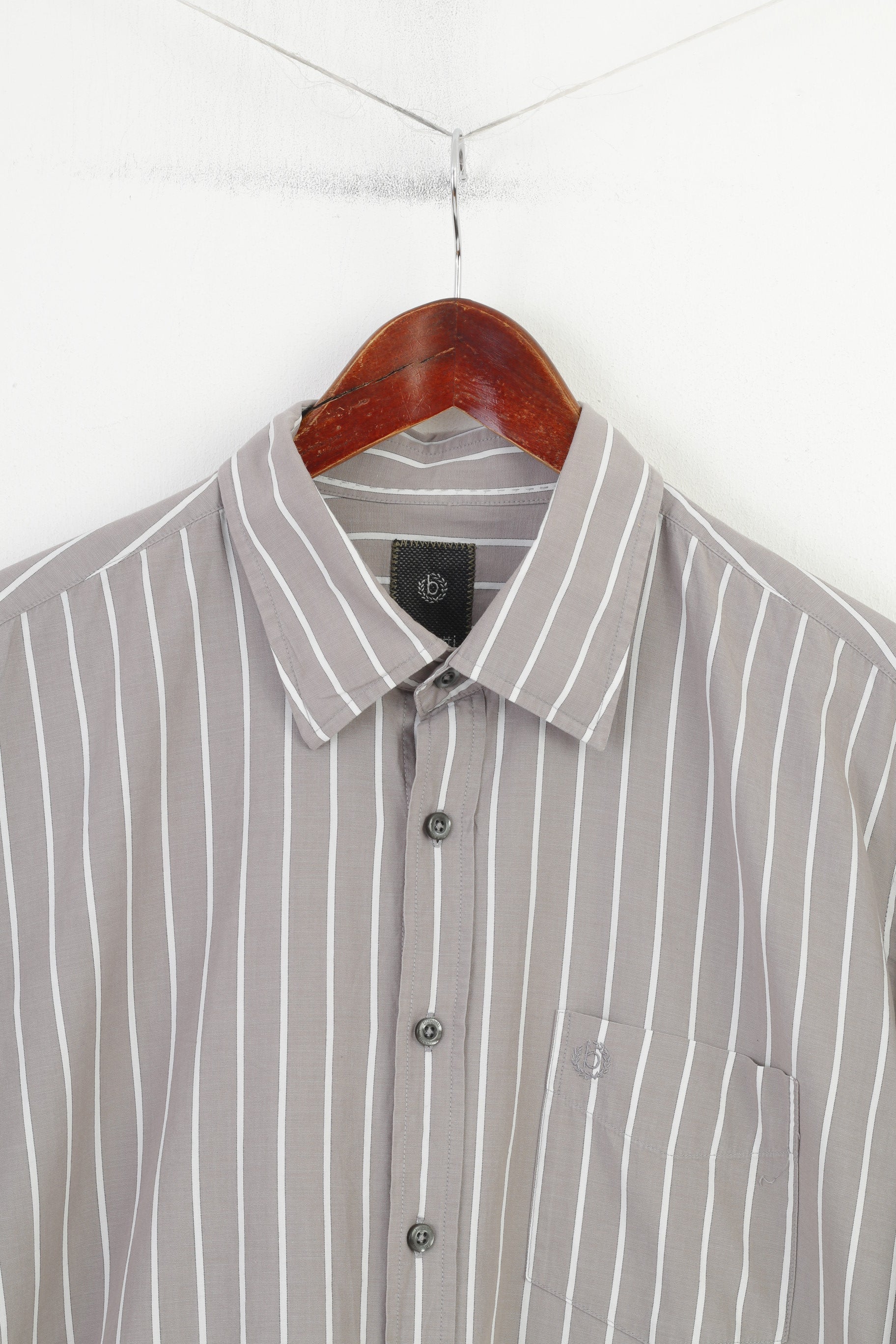 Bugatti Men L 16.5 Casual Shirt Grey Cotton Striped Detailed Buttons Long Sleeve Top