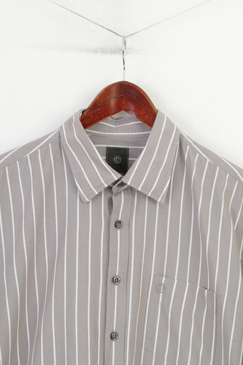 Bugatti Men L 16.5 Chemise décontractée Gris Coton Rayé Boutons détaillés Haut à manches longues