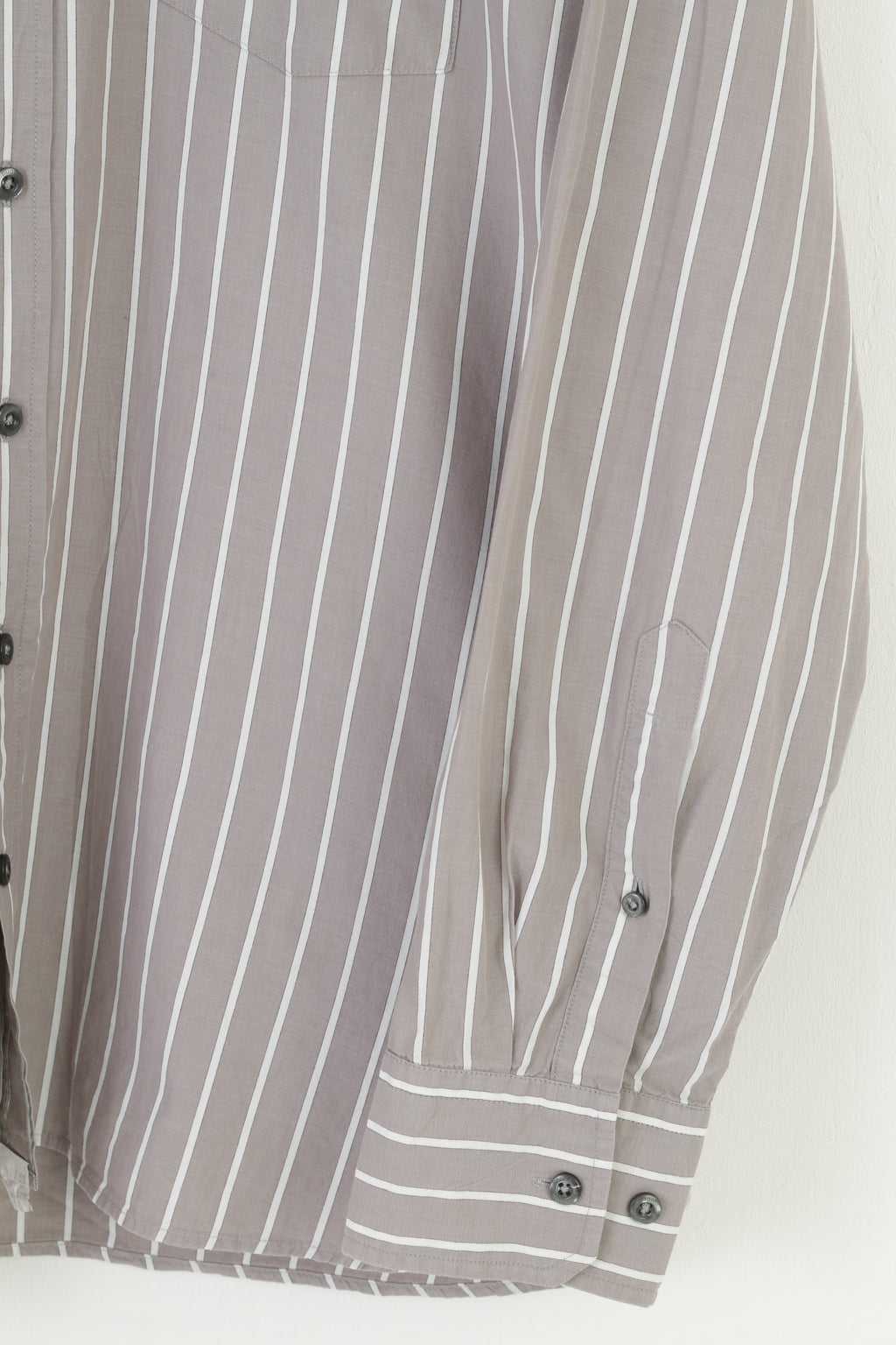 Bugatti Men L 16.5 Casual Shirt Grey Cotton Striped Detailed Buttons Long Sleeve Top