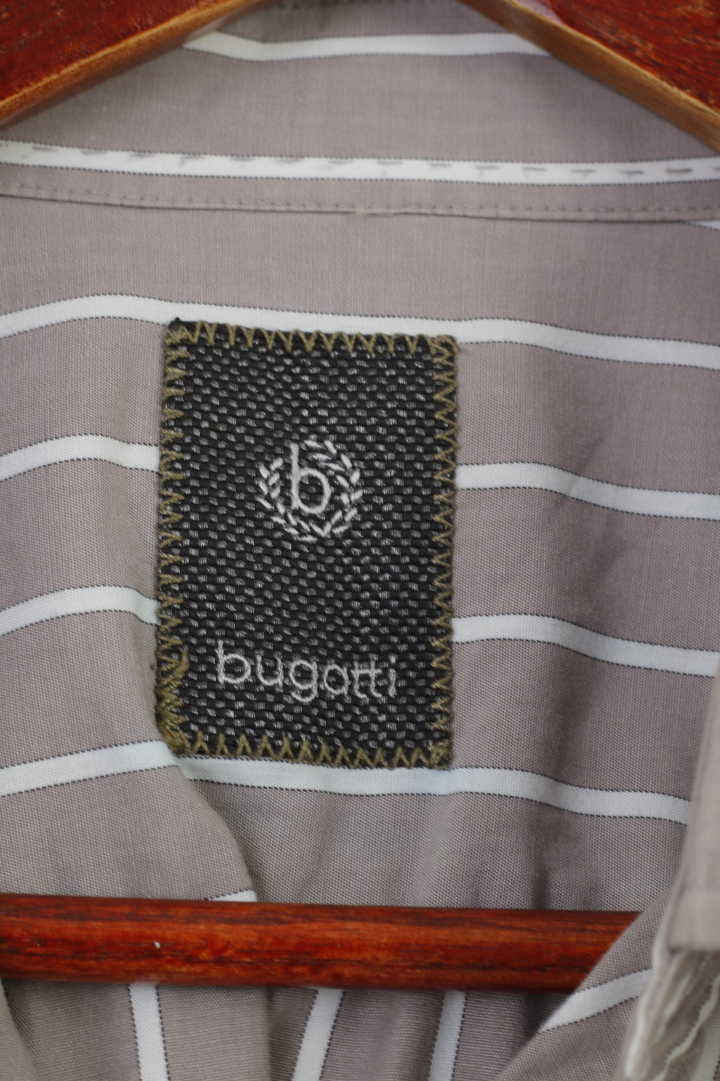 Bugatti Men L 16.5 Casual Shirt Grey Cotton Striped Detailed Buttons Long Sleeve Top