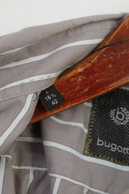 Bugatti Men L 16.5 Casual Shirt Grey Cotton Striped Detailed Buttons Long Sleeve Top