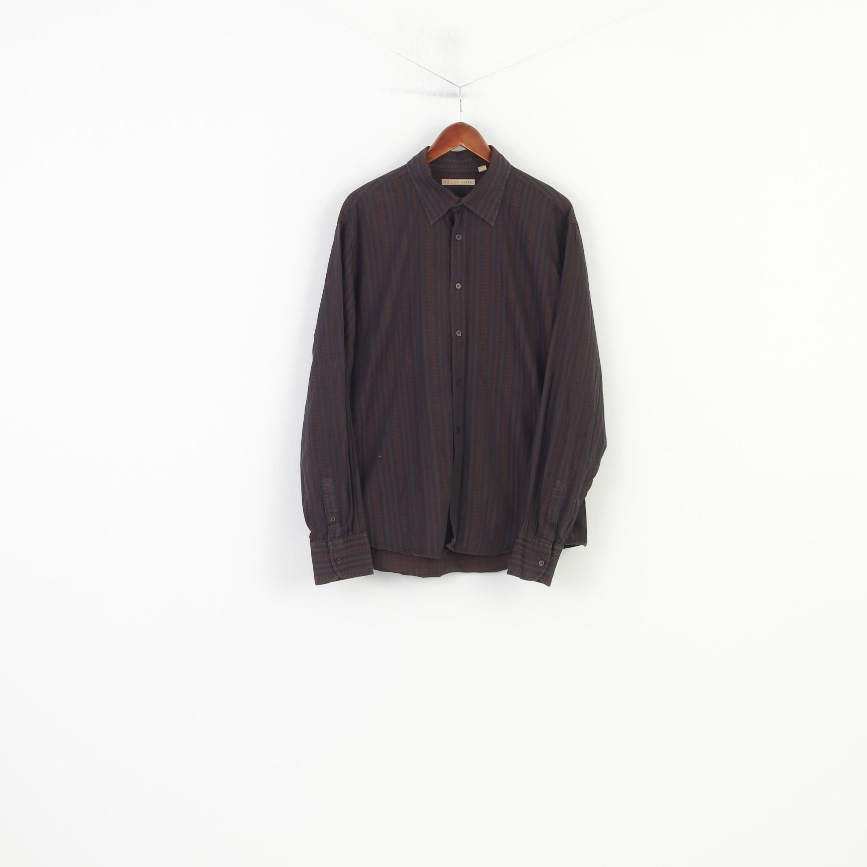 Ted Baker Men 6 XL Casual Shirt Brown Black Striped Cotton Detailed Button Long Sleeve Top