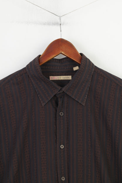 Ted Baker Men 6 XL Casual Shirt Brown Black Striped Cotton Detailed Button Long Sleeve Top