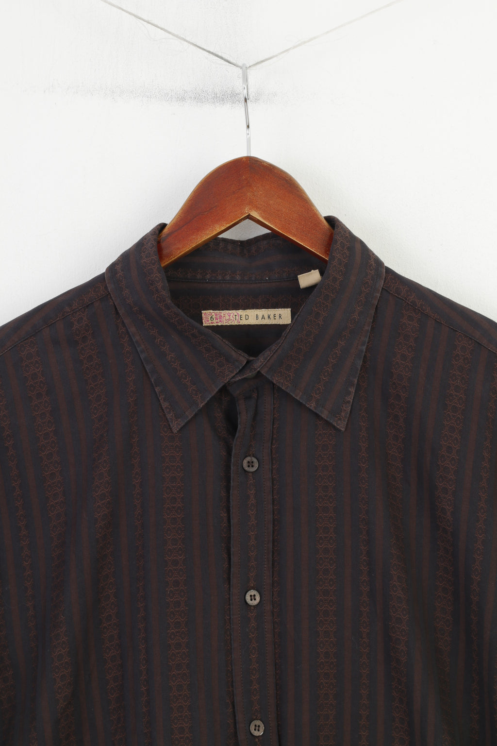 Ted Baker Camicia casual da uomo 6 XL Top a maniche lunghe con bottoni dettagliati in cotone a righe nere marroni