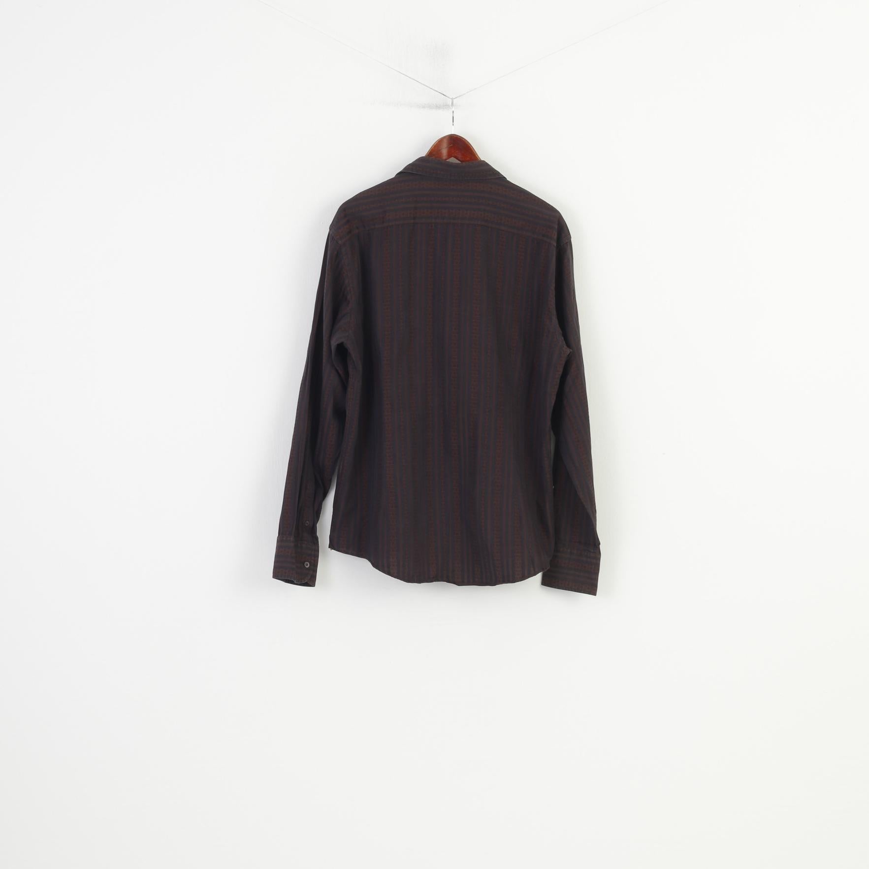 Ted Baker Camicia casual da uomo 6 XL Top a maniche lunghe con bottoni dettagliati in cotone a righe nere marroni