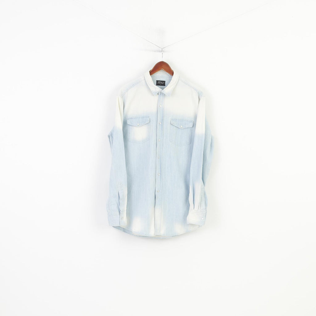 Rattop Men XL Casual Shirt Light Blue Jeans Bleached Snaps Long Sleeve Top