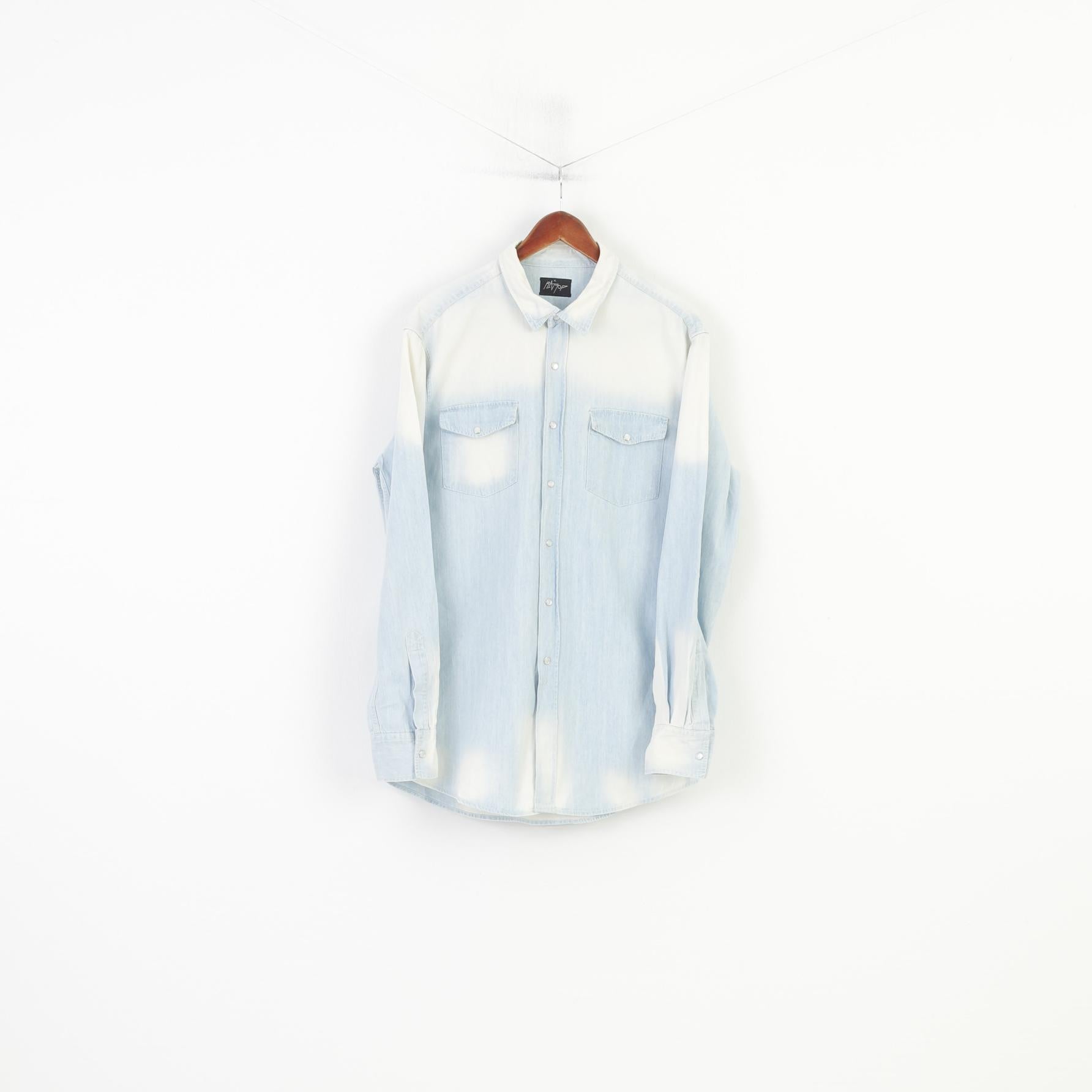Rattop Men XL Casual Shirt Light Blue Jeans Bleached Snaps Long Sleeve Top