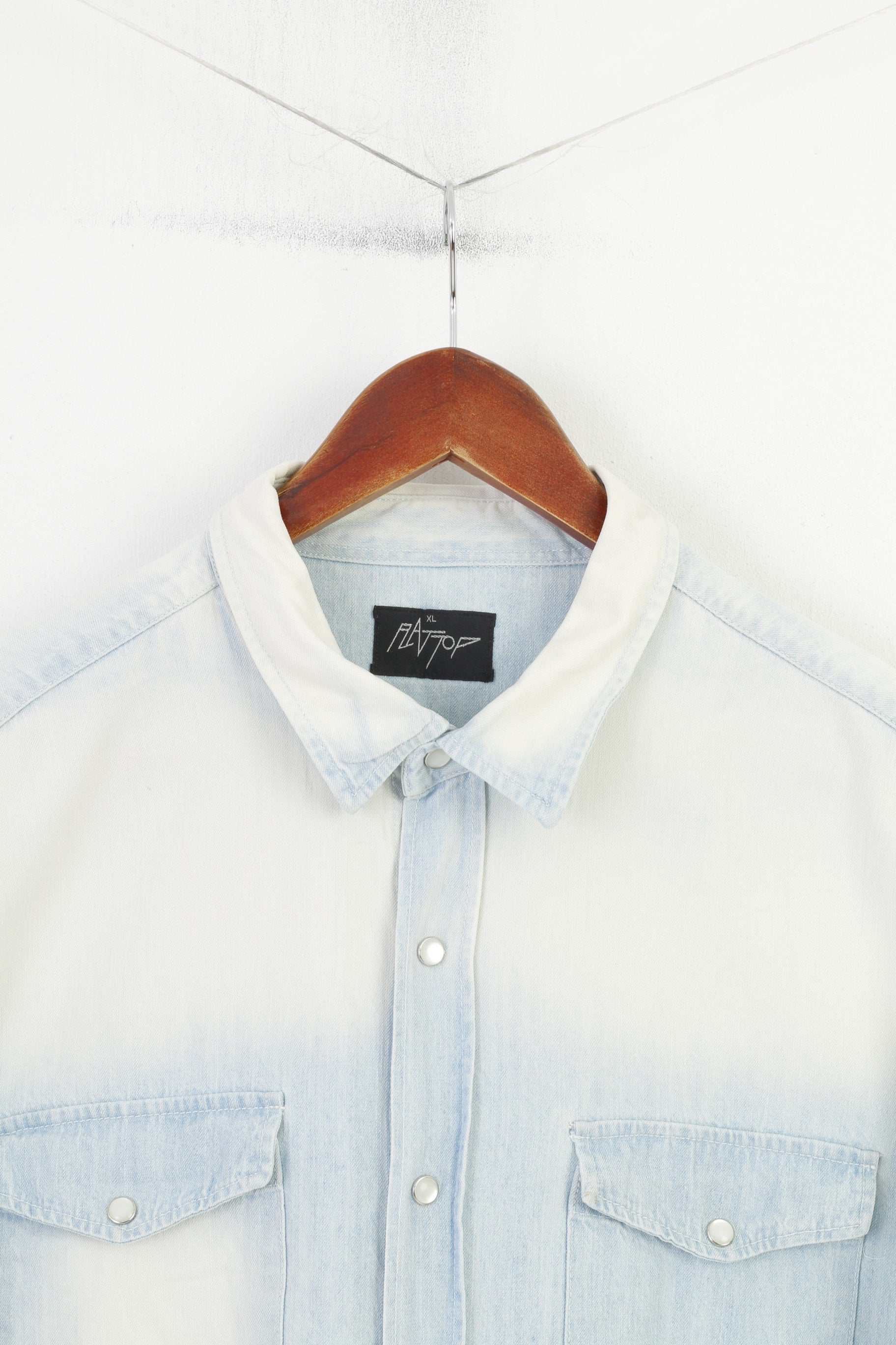 Rattop Men XL Casual Shirt Light Blue Jeans Bleached Snaps Long Sleeve Top