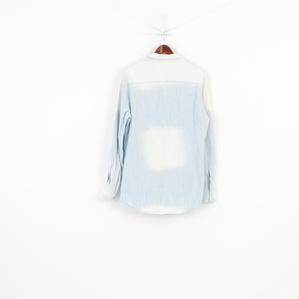 Rattop Hommes XL Chemise décontractée Bleu clair Jeans Boutons-pression blanchis Haut à manches longues