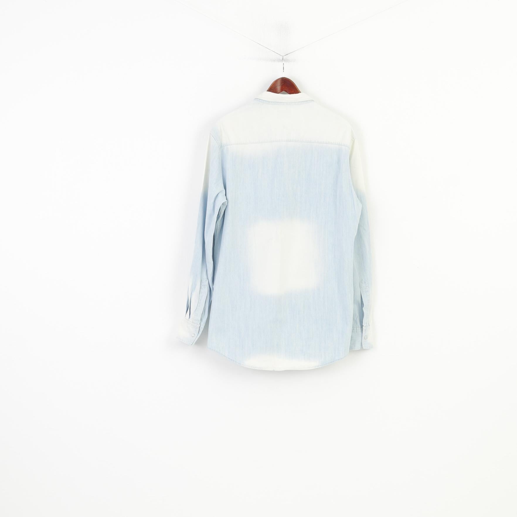 Rattop Hommes XL Chemise décontractée Bleu clair Jeans Boutons-pression blanchis Haut à manches longues