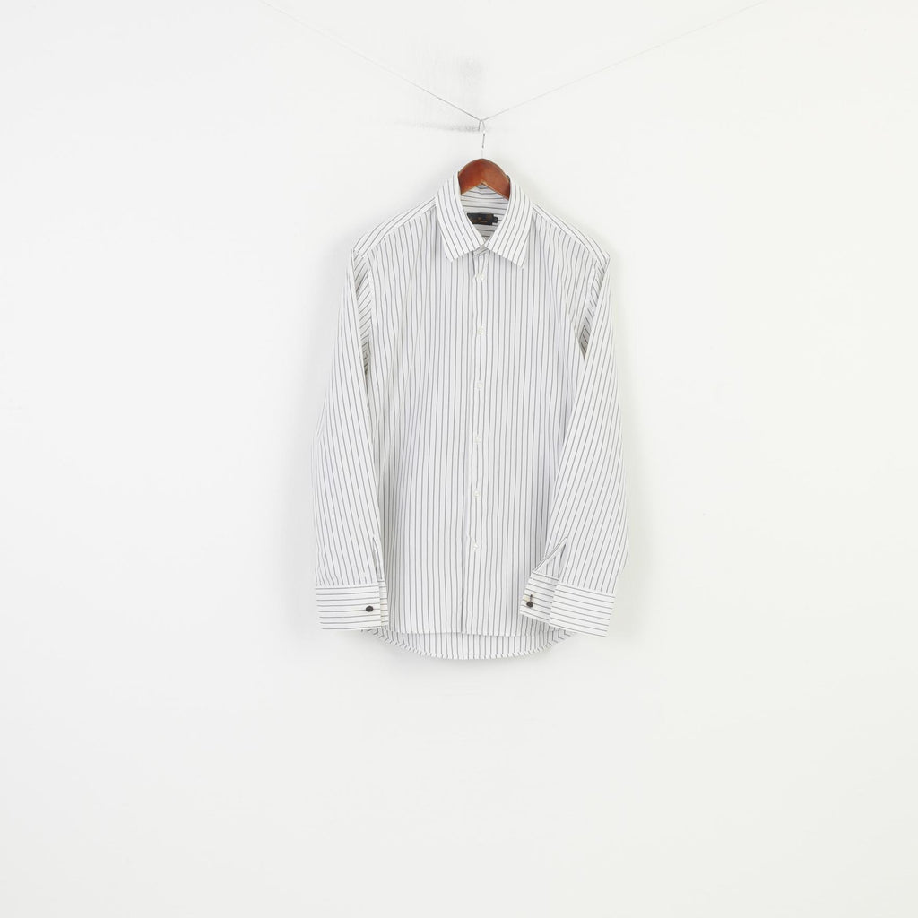 Tom Tailor Men XL Casual Shirt White Cotton Silver Striped Long Sleeve Regular Fit Top