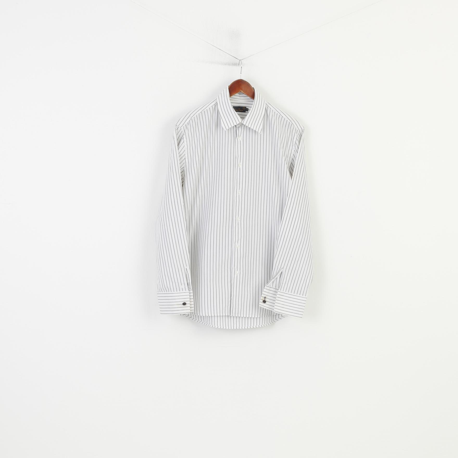 Tom Tailor Men XL Casual Shirt White Cotton Silver Striped Long Sleeve Regular Fit Top