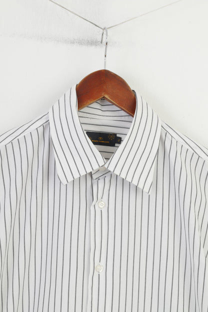 Tom Tailor Men XL Casual Shirt White Cotton Silver Striped Long Sleeve Regular Fit Top