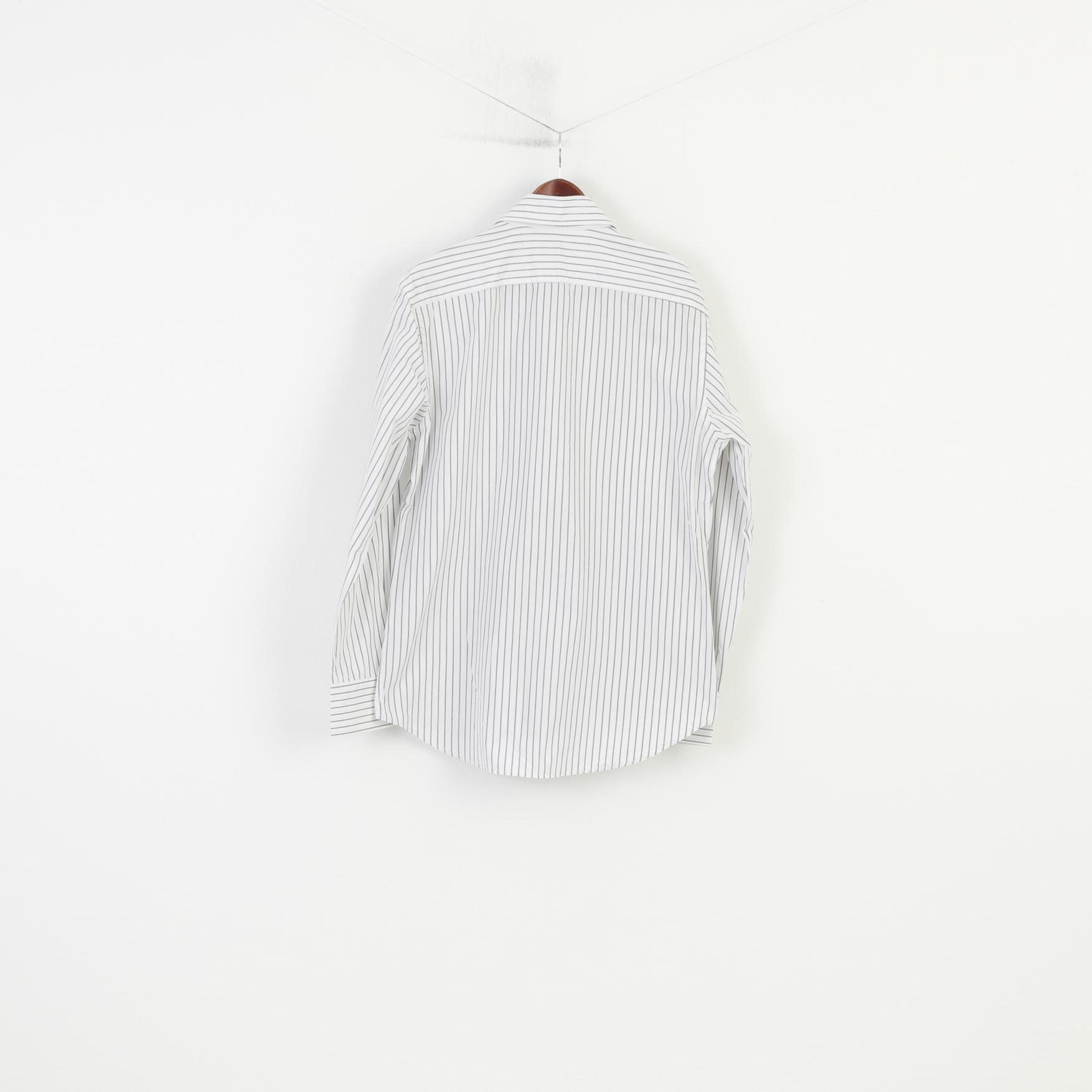 Tom Tailor Men XL Casual Shirt White Cotton Silver Striped Long Sleeve Regular Fit Top