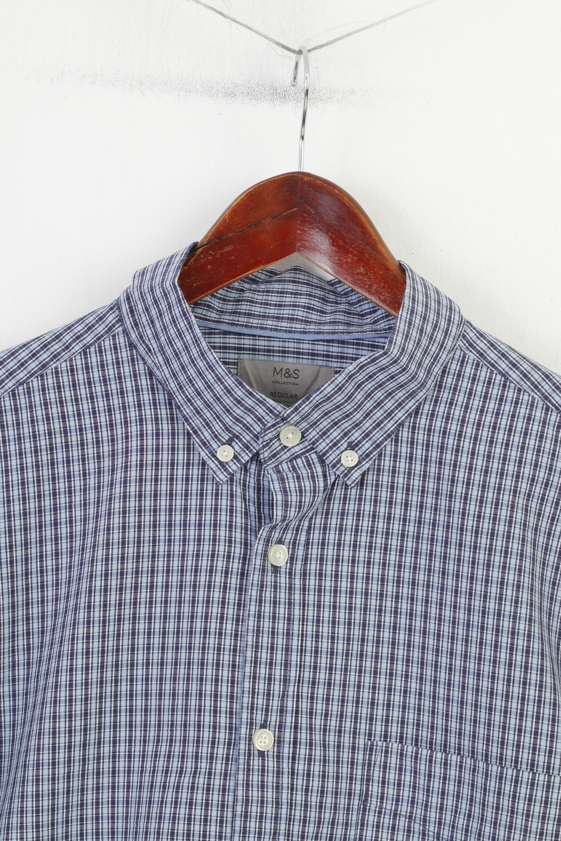 Marks & Spencer Men XL Casual Shirt Blue Checkered Pure Cotton Regular Fit Top