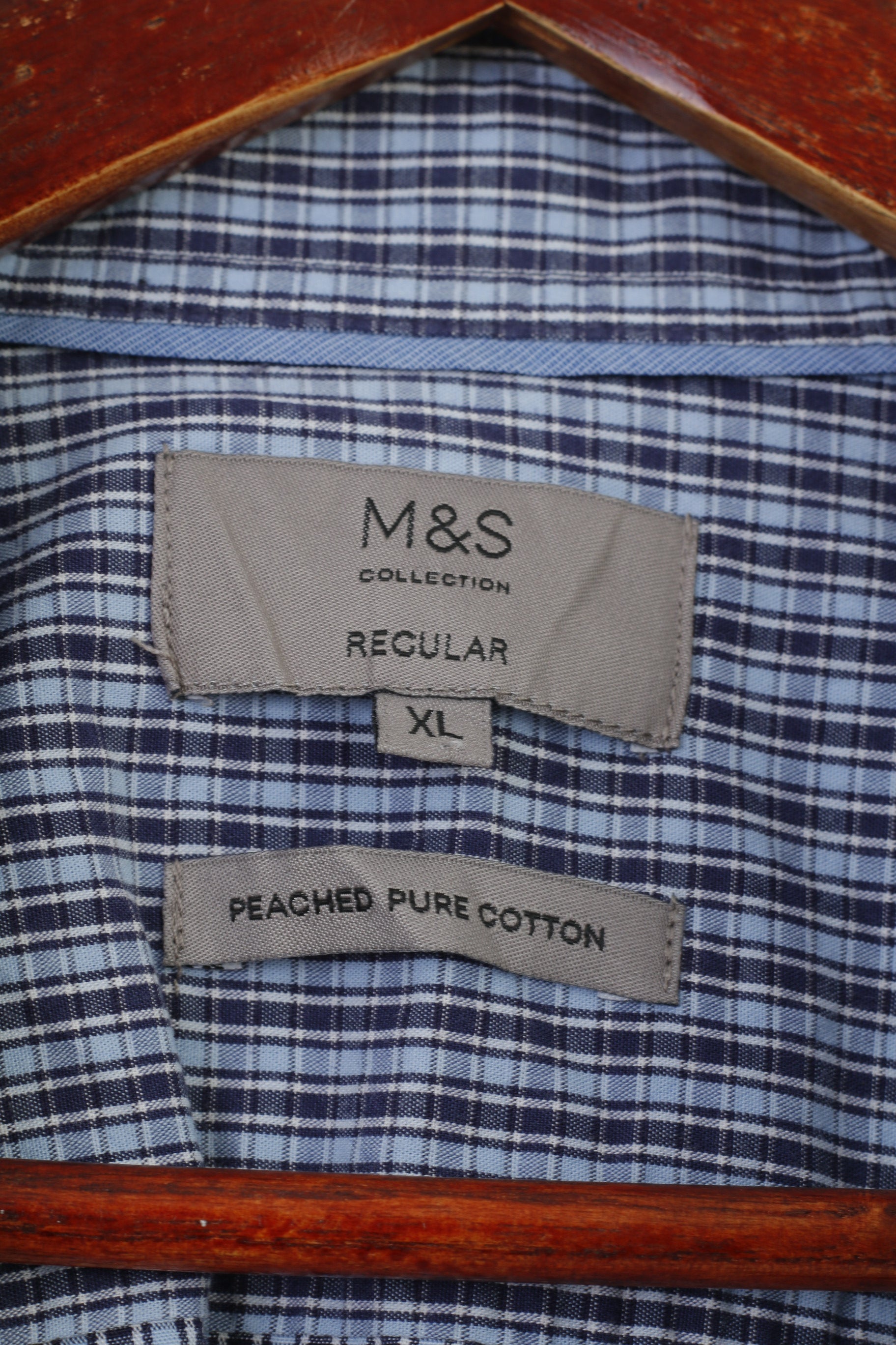 Marks & Spencer Men XL Casual Shirt Blue Checkered Pure Cotton Regular Fit Top