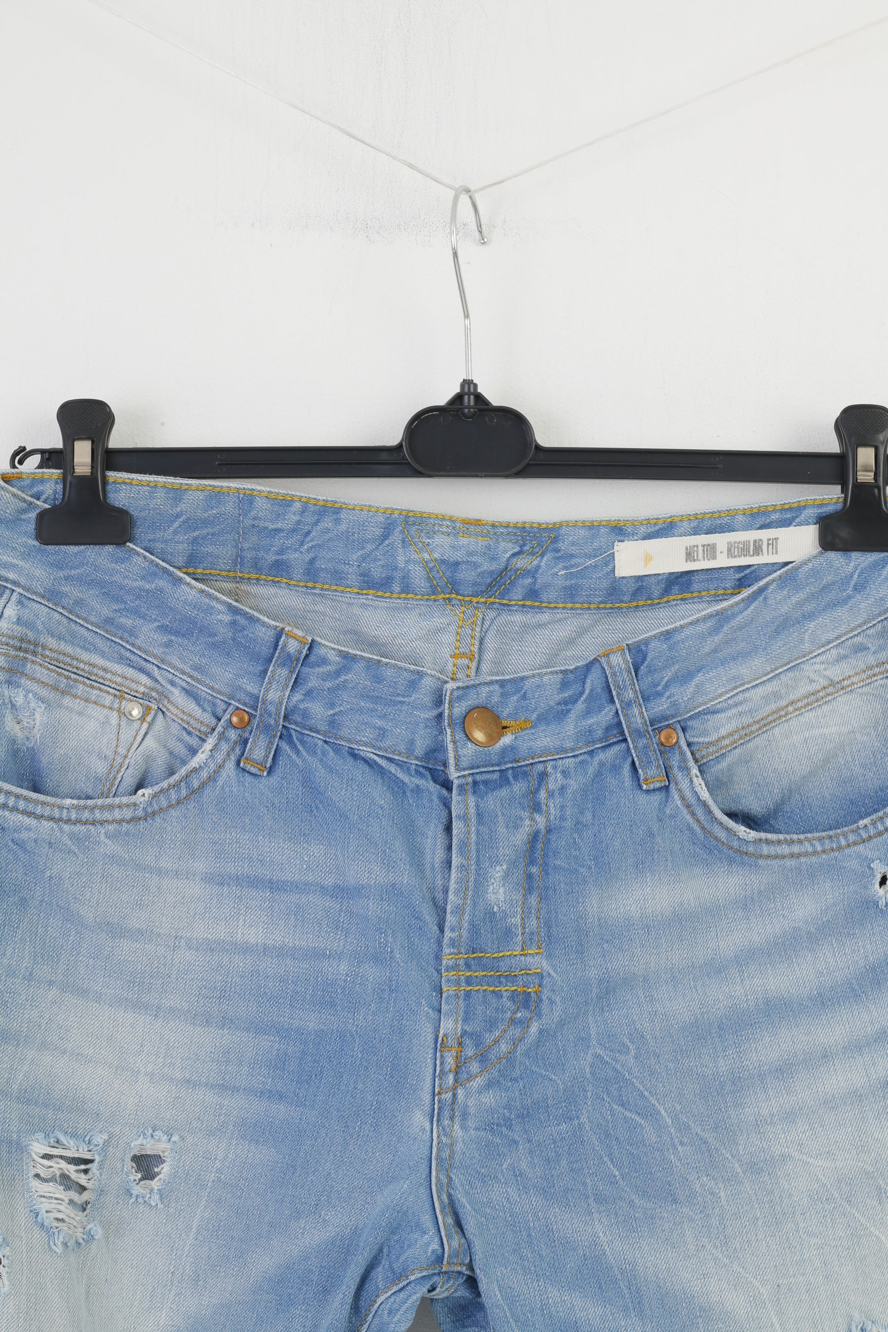 Meltin'Pot Homme 34 34 Pantalon Bleu Coton Déchiré Boutons Coupe Regular Top