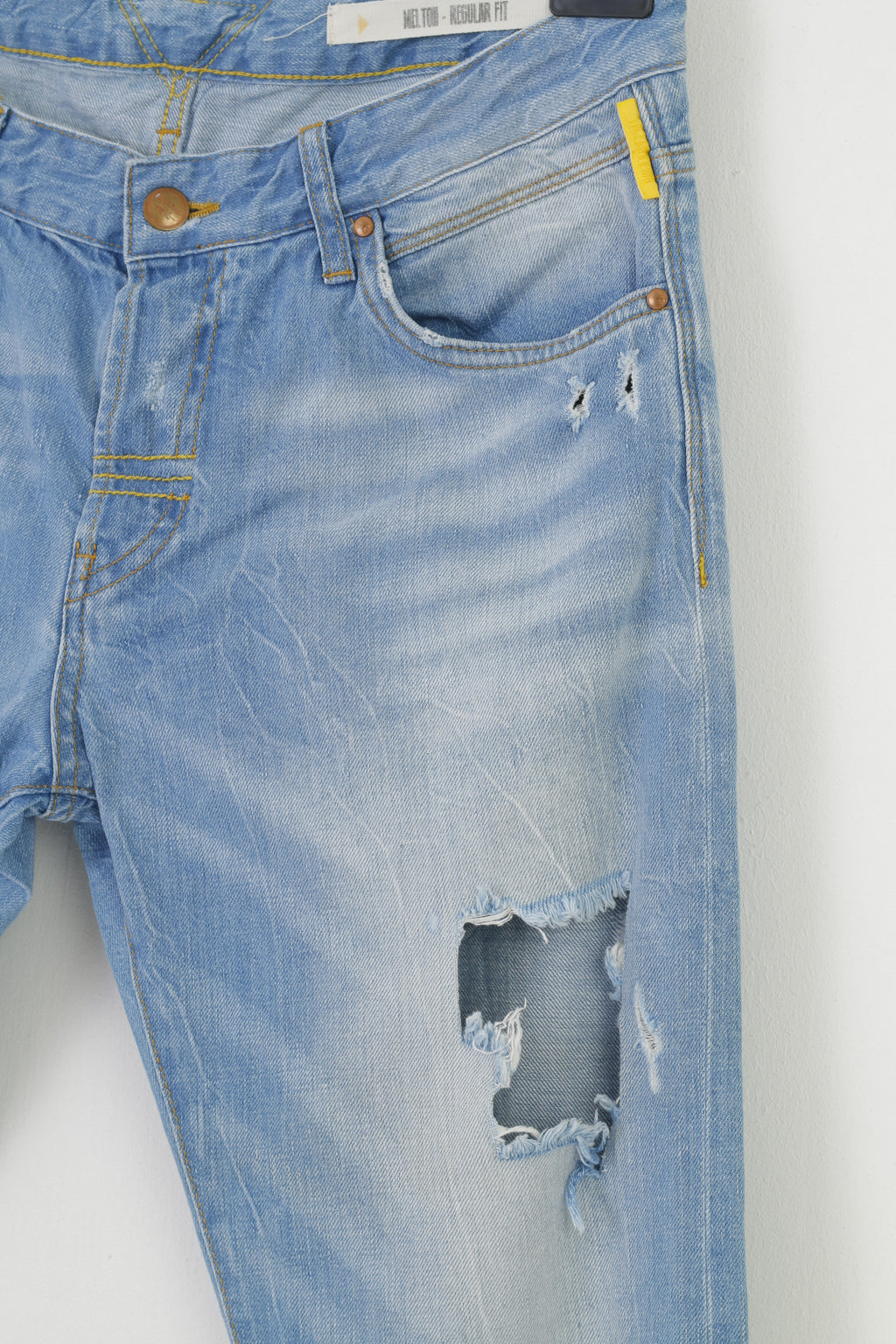 Meltin'Pot Homme 34 34 Pantalon Bleu Coton Déchiré Boutons Coupe Regular Top