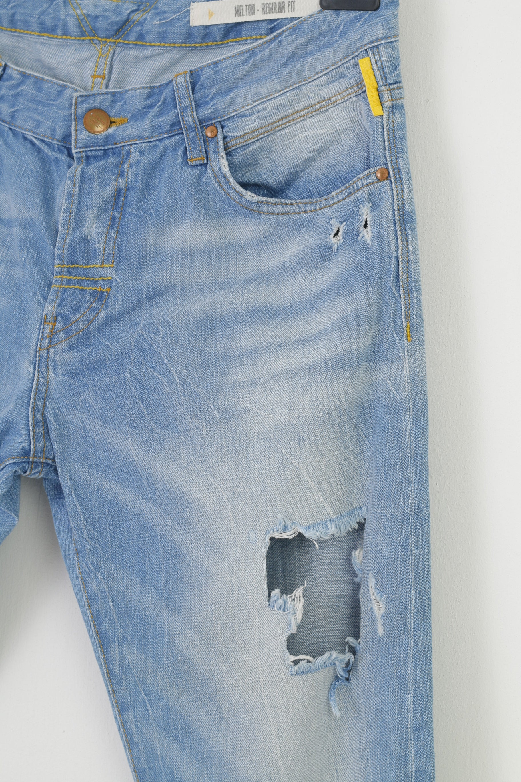 Meltin'Pot Homme 34 34 Pantalon Bleu Coton Déchiré Boutons Coupe Regular Top